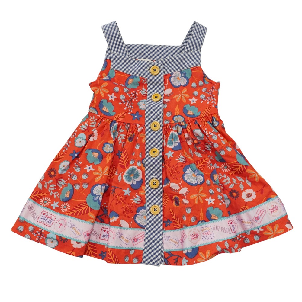 Matilda Jane Girls 2T Dress Orange Excellent Floral Gingham Air Mail Button